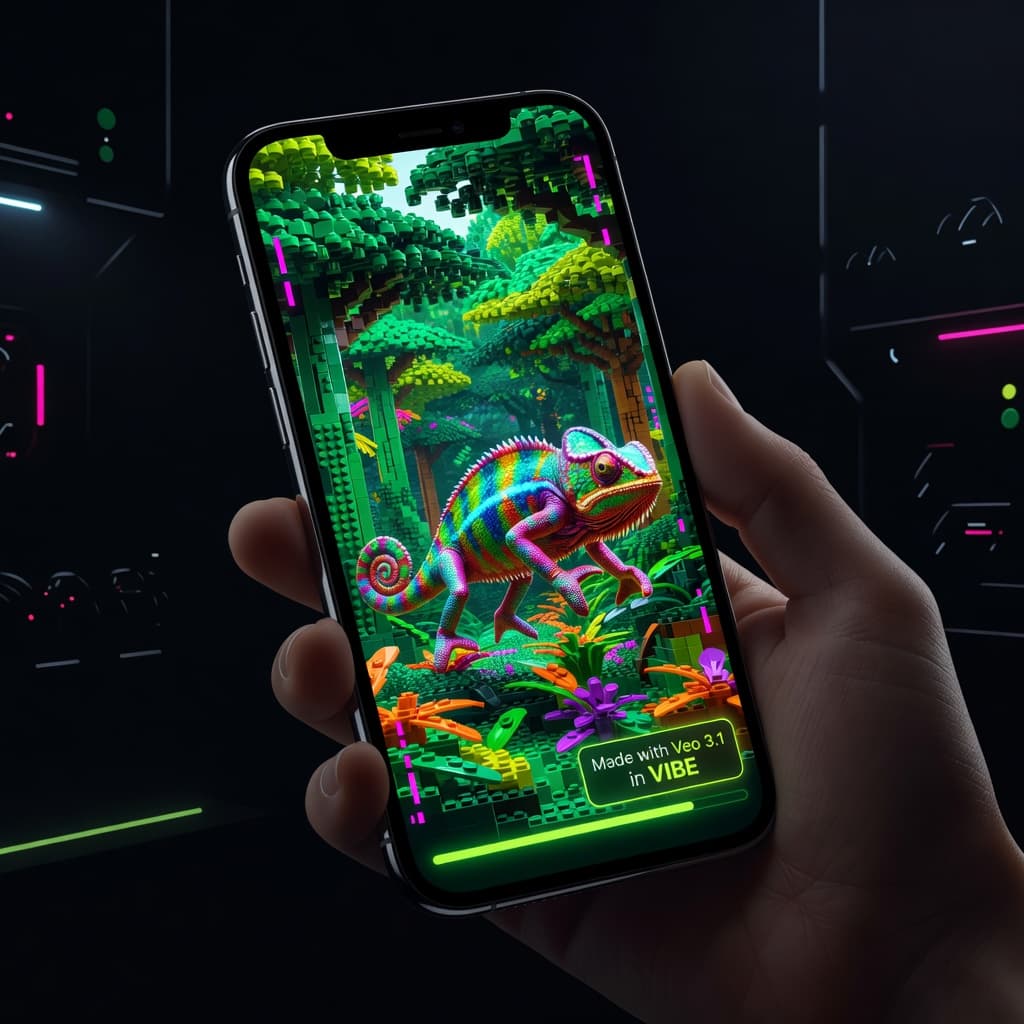 VIBE app showing a 9:16 Veo 3.1 vertical video of a Lego jungle chameleon